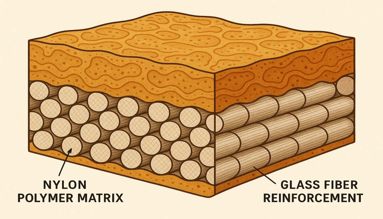 Glass fiber reinforcement inside nylon polymer matrix cross-section
