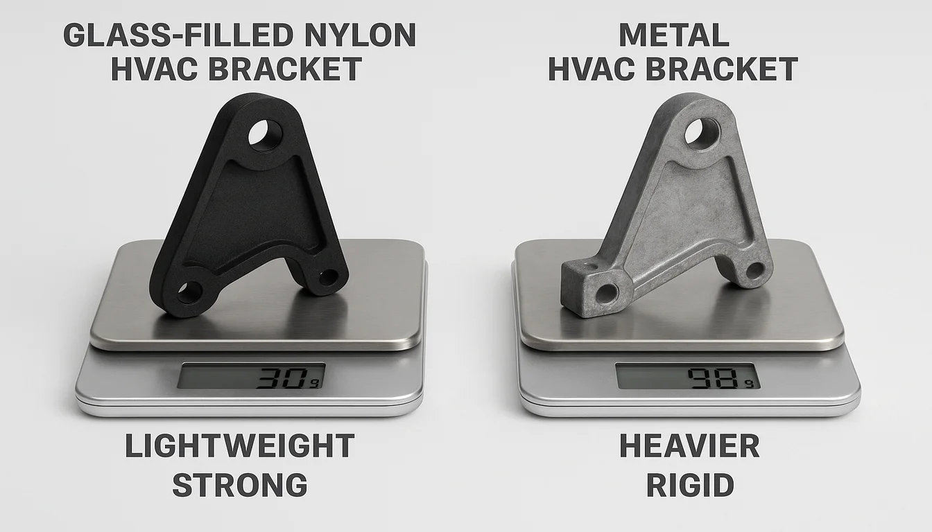 Comparison plastic versus metal HVAC bracket weight structural properties