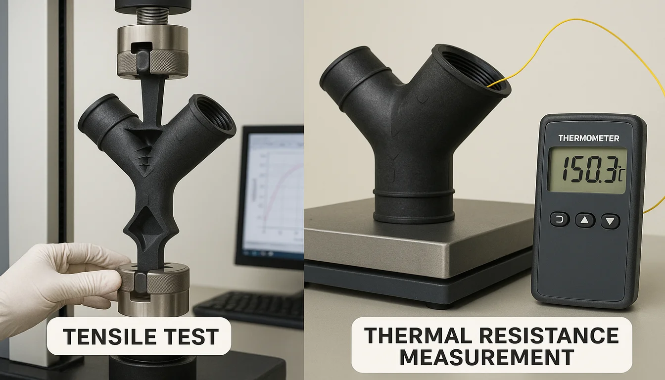 Quality testing glass-filled nylon HVAC components laboratory tensile measurement